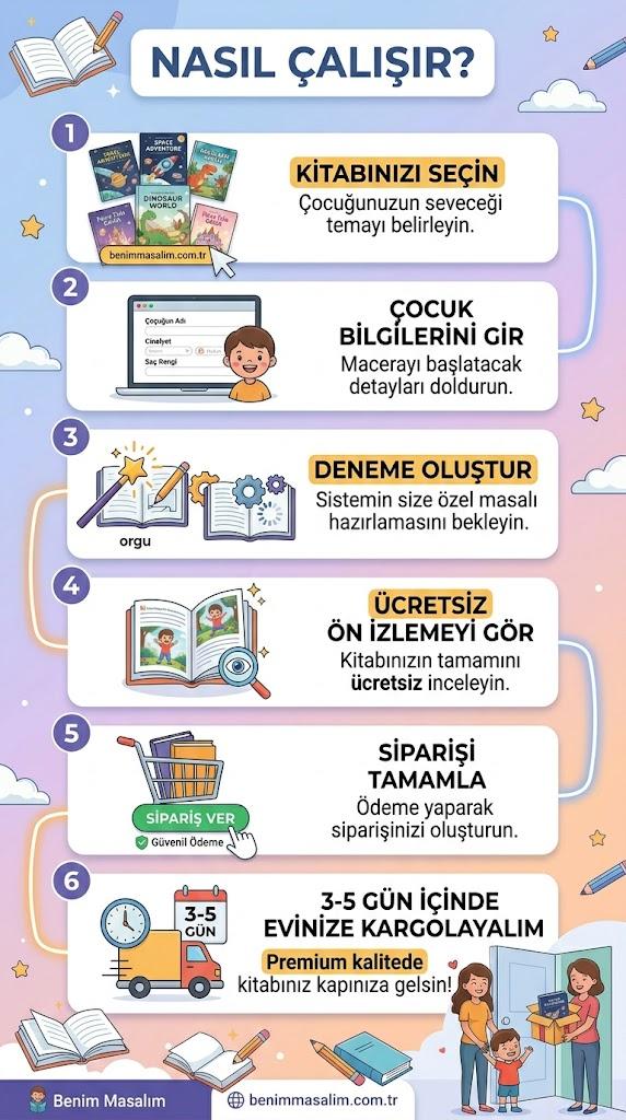 Nasıl Çalışır? — 6 adımda kişiye özel çocuk kitabınız kapınızda